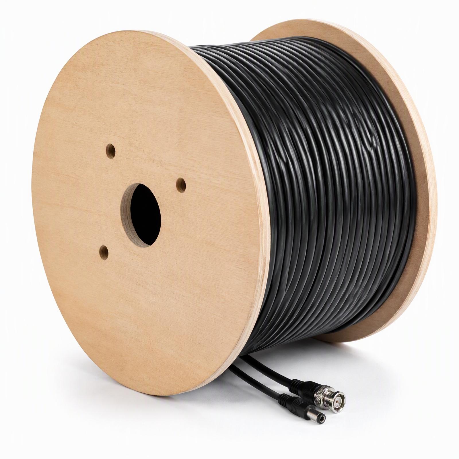 RG59 Siamese 1000Ft Bare Copper Coaxial Cable with 95% Copper Clad Aluminum Braid, 18/2 Bare Copper power cable. Black, Wooden Spool